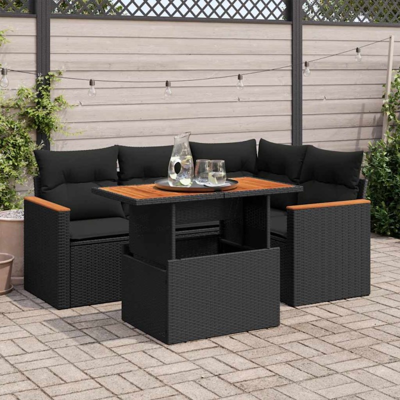 vidaXL 5tlg. Garten-Sofagarnitur mit Kissen Schwarz Poly Rattan Akazie vidaXL 5tlg. Garten-Sofagarnitur mit Kissen Schwarz Poly Rattan Akazie