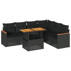 vidaXL 7-tlg. Garten-Sofagarnitur mit Kissen Schwarz Poly Rattan