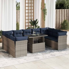 vidaXL 10-tlg. Garten-Sofagarnitur mit Kissen Grau Poly Rattan Akazie