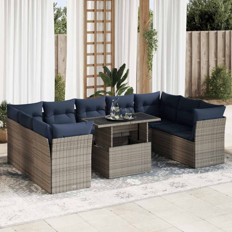 vidaXL 10-tlg. Garten-Sofagarnitur mit Kissen Grau Poly Rattan Akazie vidaXL 10-tlg. Garten-Sofagarnitur mit Kissen Grau Poly Rattan Akazie