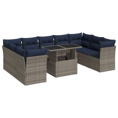 vidaXL 10-tlg. Garten-Sofagarnitur mit Kissen Grau Poly Rattan Akazie