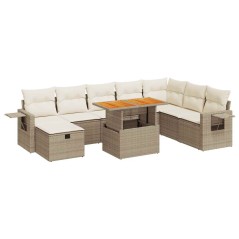 vidaXL 9-tlg. Garten-Sofagarnitur mit Kissen Beige Poly Rattan Akazie