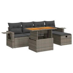 vidaXL 6-tlg. Garten-Sofagarnitur mit Kissen Grau Poly Rattan Akazie