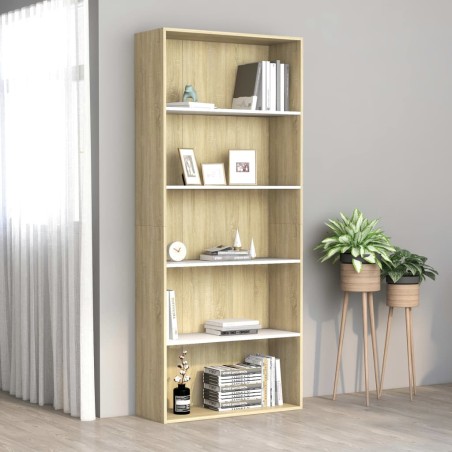 vidaXL Bücherregal 5 Fächer Weiß Sonoma-Eiche 80x30x189 Holzwerkstoff