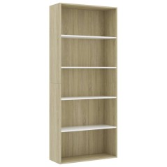 vidaXL Bücherregal 5 Fächer Weiß Sonoma-Eiche 80x30x189 Holzwerkstoff