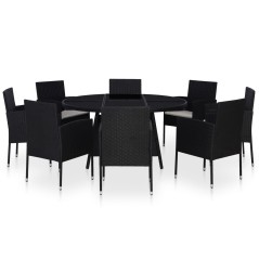 vidaXL 9-tlg. Garten-Essgruppe mit Kissen Poly Rattan Schwarz
