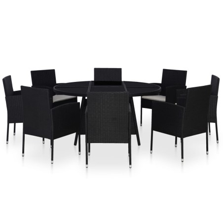 vidaXL 9-tlg. Garten-Essgruppe mit Kissen Poly Rattan Schwarz
