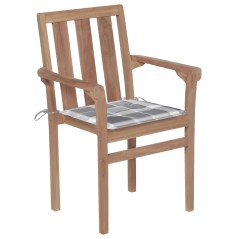 vidaXL Gartenstühle 2 Stk. Graue Karomuster-Kissen Massivholz Teak