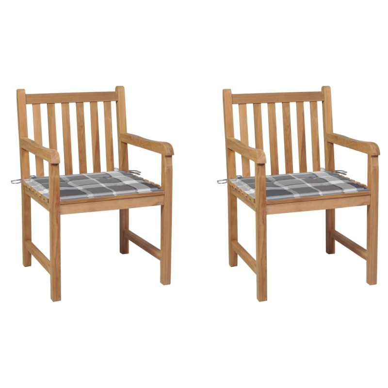 vidaXL Gartenstühle 2 Stk. Graue Karomuster-Kissen Massivholz Teak vidaXL Gartenstühle 2 Stk. Graue Karomuster-Kissen Massivholz Teak