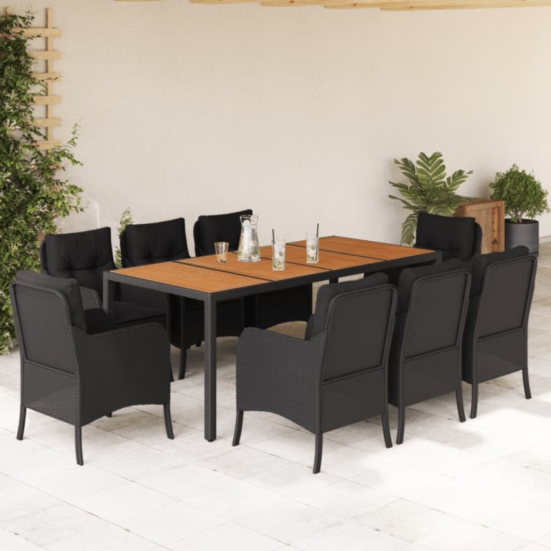 vidaXL 9-tlg. Garten-Essgruppe mit Kissen Schwarz Poly Rattan
