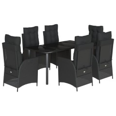 vidaXL 7-tlg. Garten-Essgruppe mit Kissen Schwarz Poly Rattan