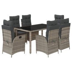 vidaXL 7-tlg. Garten-Essgruppe mit Kissen Grau Poly Rattan