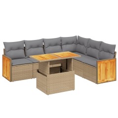 vidaXL 7-tlg. Garten-Sofagarnitur mit Kissen Beige Poly Rattan