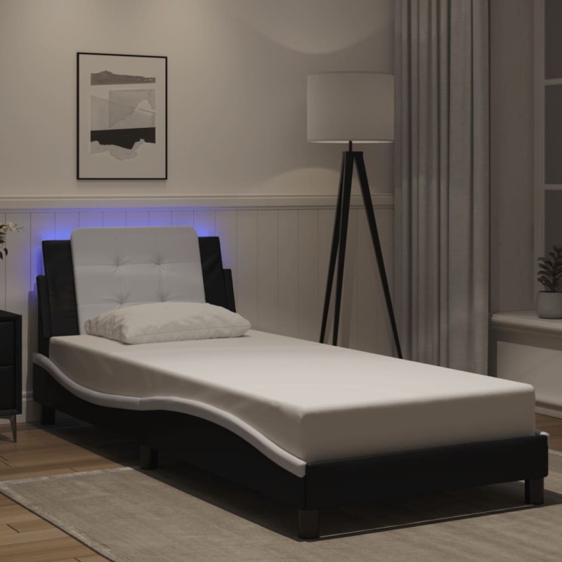 vidaXL Bettgestell mit LED Schwarz und Weiß 90x200 cm Kunstleder