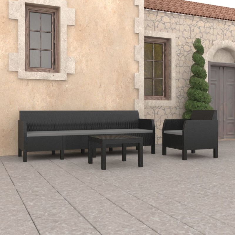 3-tlg. Garten-Lounge-Set mit Kissen PP Rattan Anthrazit 3-tlg. Garten-Lounge-Set mit Kissen PP Rattan Anthrazit