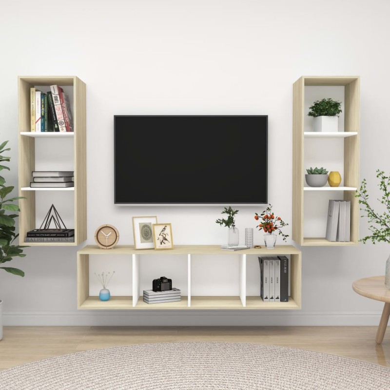 3-tlg. TV-Schrank-Set Weiß Sonoma-Eiche Holzwerkstoff 3-tlg. TV-Schrank-Set Weiß Sonoma-Eiche Holzwerkstoff