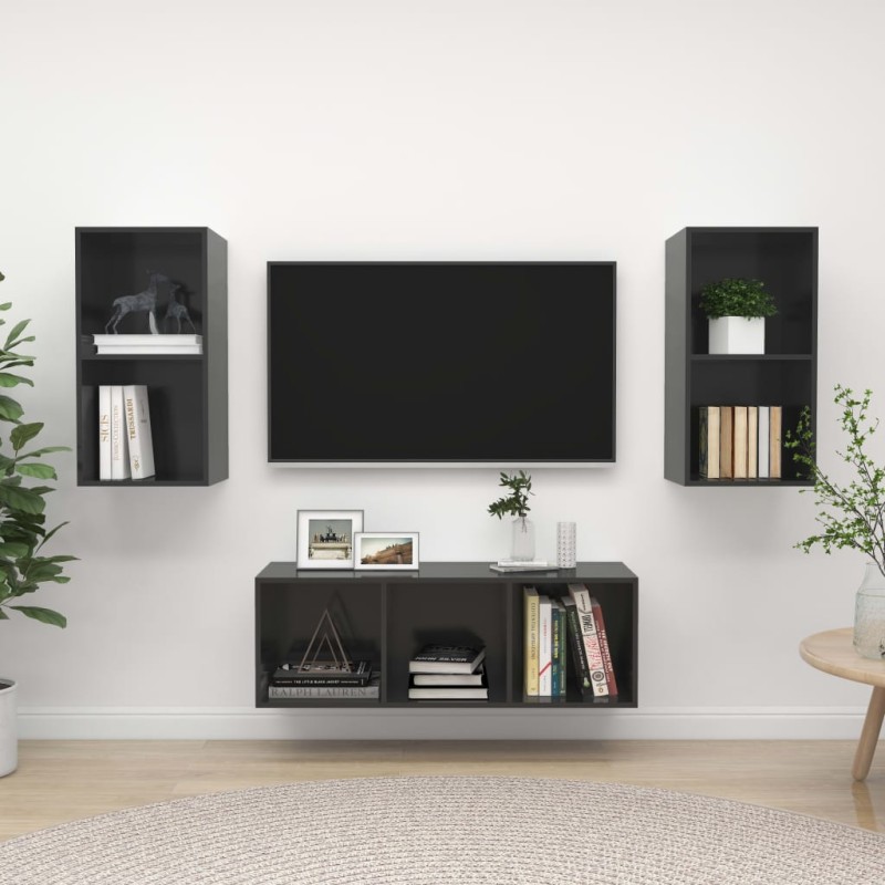 3-tlg. TV-Schrank-Set Hochglanz-Grau Holzwerkstoff 3-tlg. TV-Schrank-Set Hochglanz-Grau Holzwerkstoff