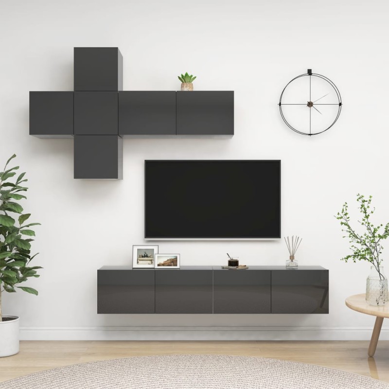 7-tlg. TV-Schrank-Set Hochglanz-Grau Holzwerkstoff 7-tlg. TV-Schrank-Set Hochglanz-Grau Holzwerkstoff