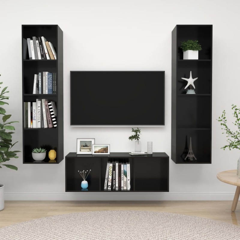 3-tlg. TV-Schrank-Set Hochglanz-Schwarz Holzwerkstoff 3-tlg. TV-Schrank-Set Hochglanz-Schwarz Holzwerkstoff