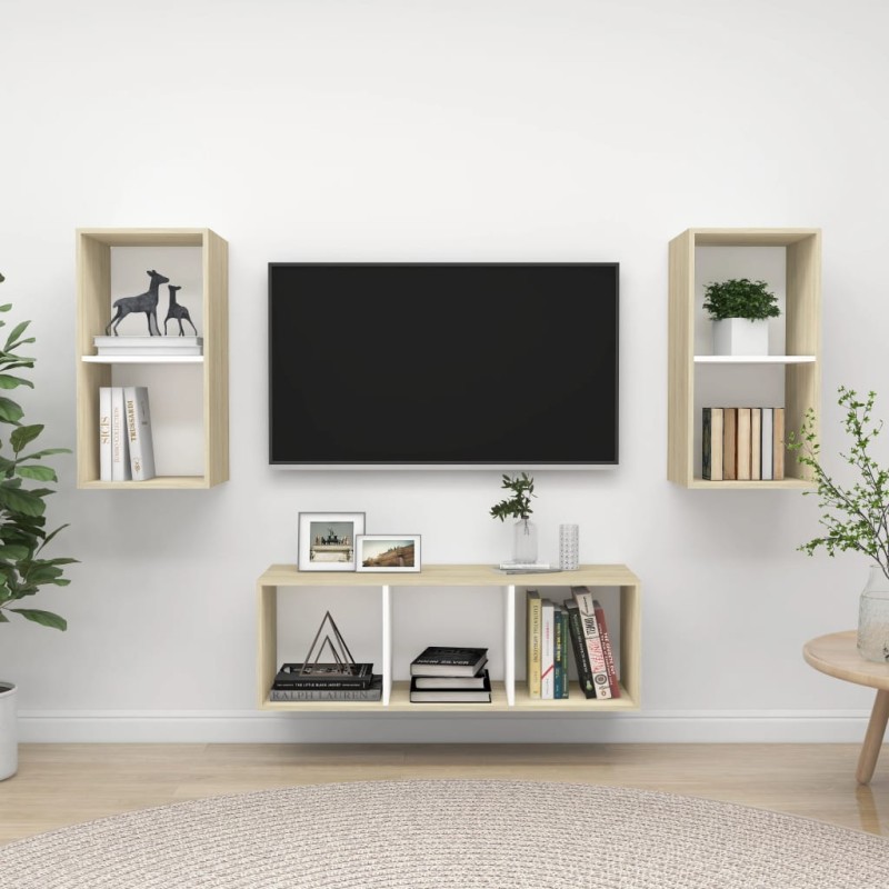 vidaXL 3-tlg. TV-Schrank-Set Weiß Sonoma-Eiche Holzwerkstoff vidaXL 3-tlg. TV-Schrank-Set Weiß Sonoma-Eiche Holzwerkstoff