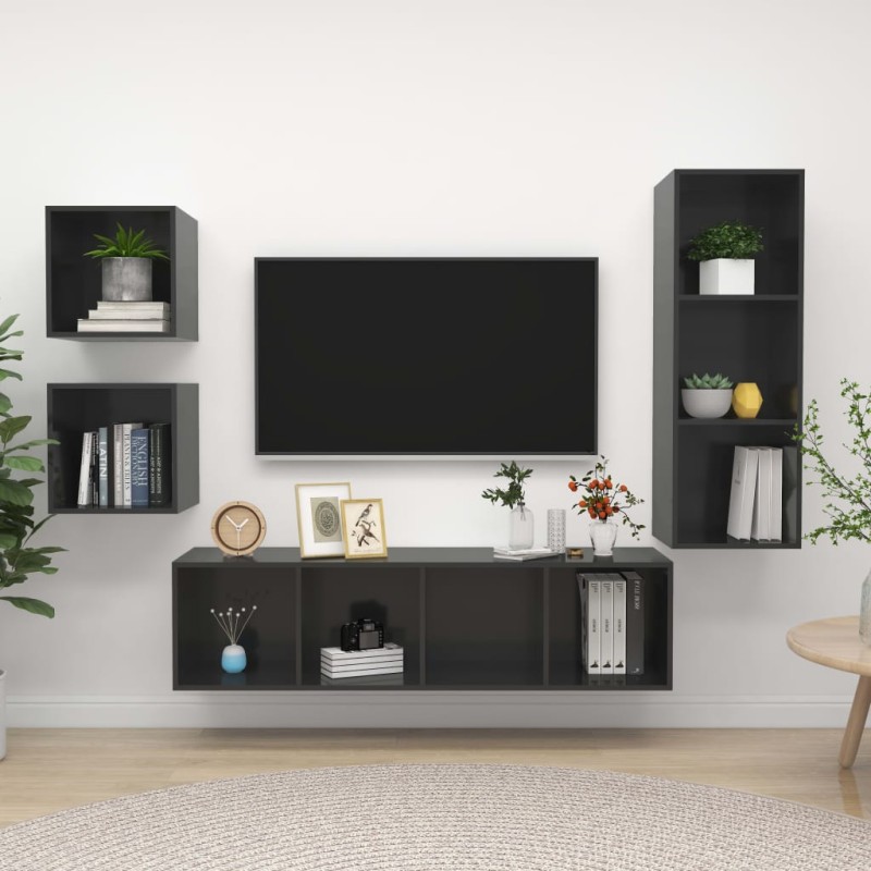4-tlg. TV-Schrank-Set Hochglanz-Grau Holzwerkstoff 4-tlg. TV-Schrank-Set Hochglanz-Grau Holzwerkstoff