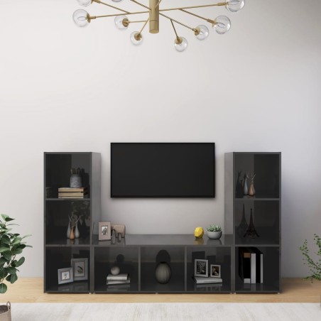 TV-Schränke 3 Stk. Hochglanz-Grau 107x35x37 cm Holzwerkstoff