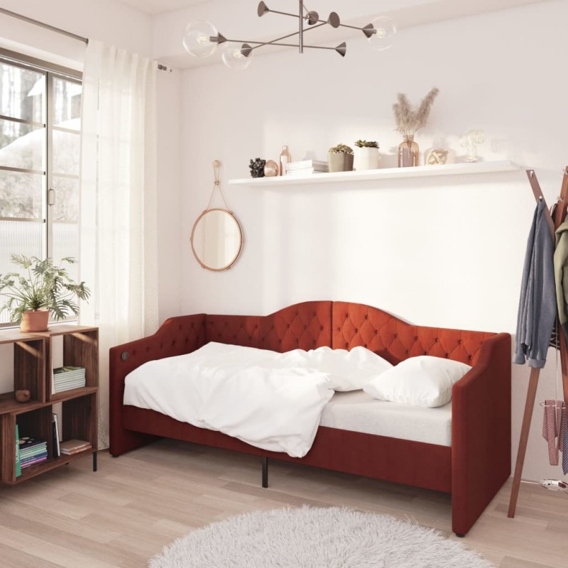 Tagesbett mit Matratze USB Weinrot Stoff 90x200 cm Tagesbett mit Matratze USB Weinrot Stoff 90x200 cm