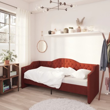 Tagesbett mit Matratze USB Weinrot Stoff 90x200 cm