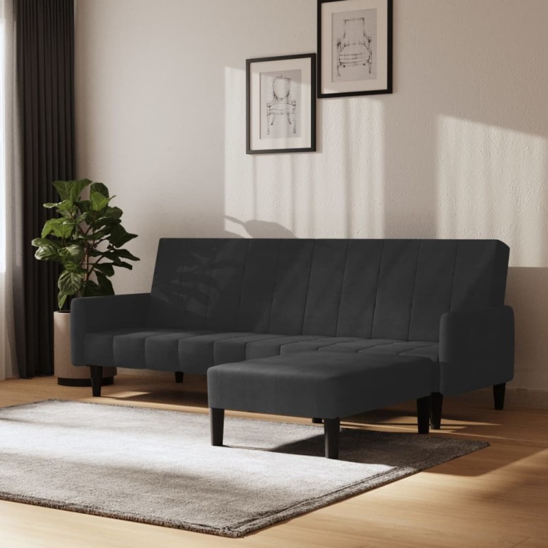 Schlafsofa 2-Sitzer mit Hocker Schwarz Samt Schlafsofa 2-Sitzer mit Hocker Schwarz Samt