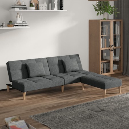 Schlafsofa 2-Sitzer mit 2 Kissen & Hocker Dunkelgrau Stoff