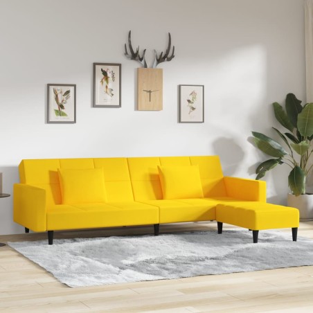 Schlafsofa 2-Sitzer mit 2 Kissen & Hocker Gelb Samt