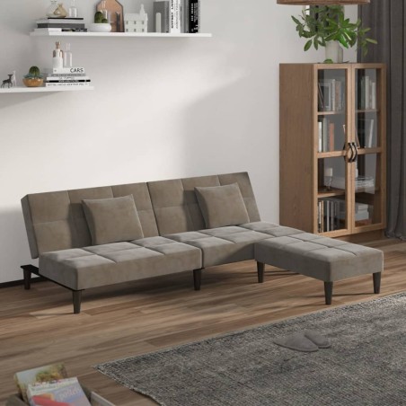Schlafsofa 2-Sitzer mit 2 Kissen & Hocker Hellgrau Samt