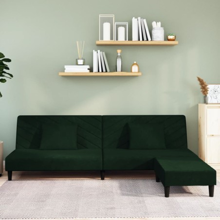 Schlafsofa 2-Sitzer mit 2 Kissen und Fußhocker Dunkelgrün Samt