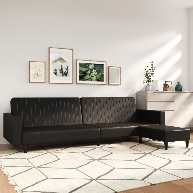 Schlafsofa 2-Sitzer mit Fußhocker Schwarz Kunstleder Schlafsofa 2-Sitzer mit Fußhocker Schwarz Kunstleder