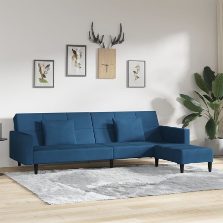 Schlafsofa 2-Sitzer mit 2 Kissen & Hocker Blau Samt