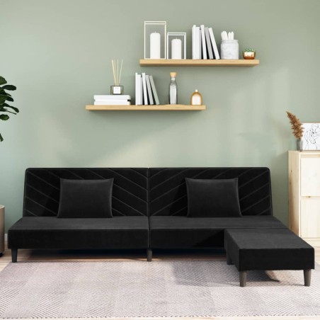 Schlafsofa 2-Sitzer mit 2 Kissen und Fußhocker Schwarz Samt
