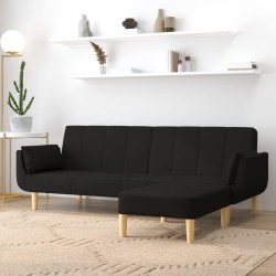 Schlafsofa 2-Sitzer mit Hocker & Zwei Kissen Schwarz Stoff