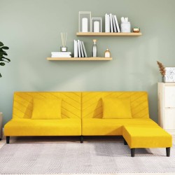 Schlafsofa 2-Sitzer mit 2 Kissen und Fußhocker Gelb Samt