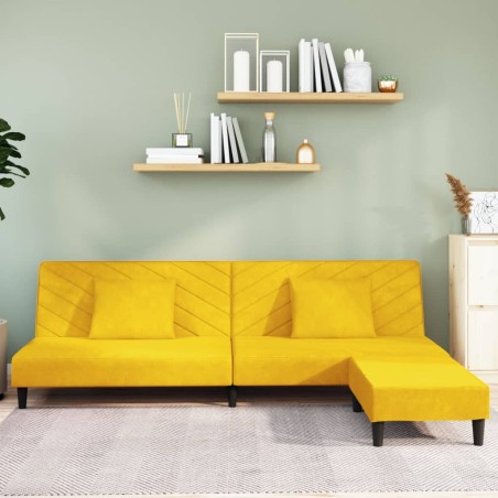 Schlafsofa 2-Sitzer mit 2 Kissen und Fußhocker Gelb Samt