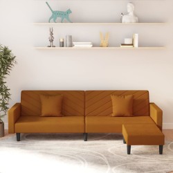 Schlafsofa 2-Sitzer mit 2 Kissen und Fußhocker Braun Samt