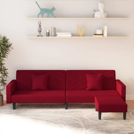Schlafsofa 2-Sitzer mit 2 Kissen und Fußhocker Weinrot Samt
