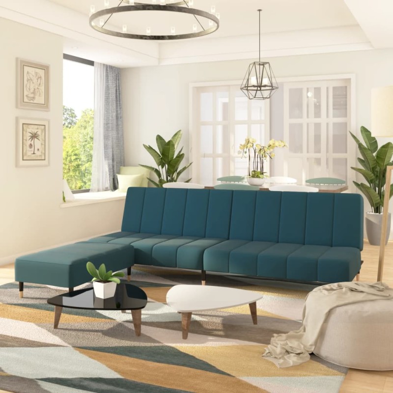 Schlafsofa 2-Sitzer mit Hocker Blau Samt Schlafsofa 2-Sitzer mit Hocker Blau Samt