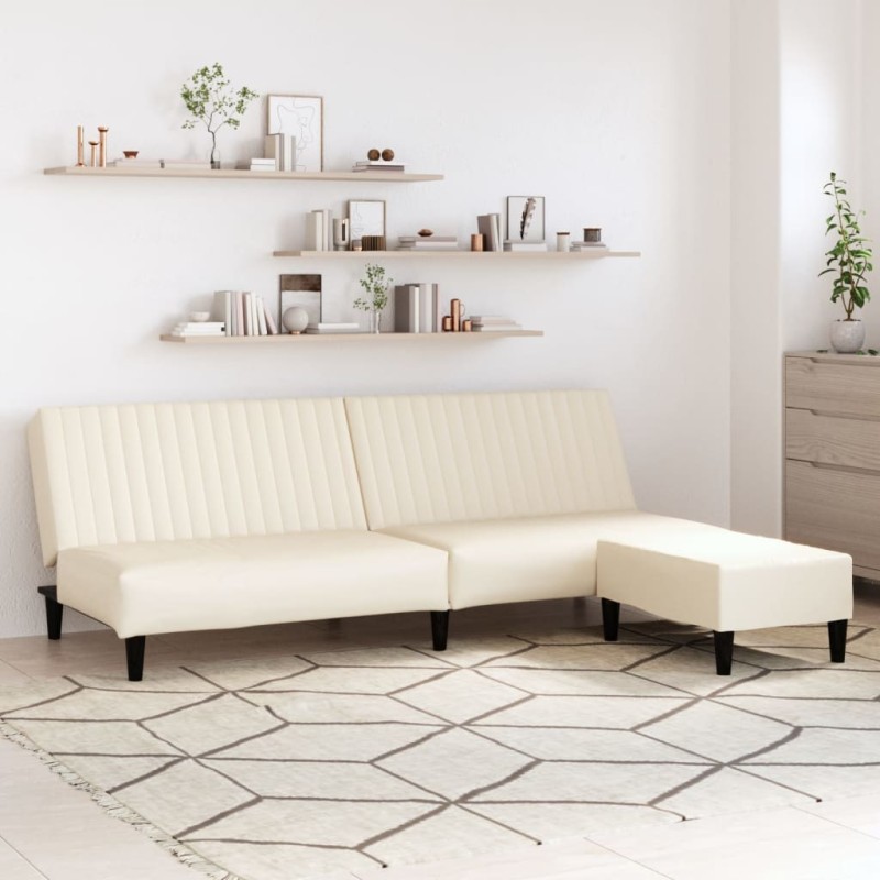 Schlafsofa 2-Sitzer mit Fußhocker Creme Kunstleder Schlafsofa 2-Sitzer mit Fußhocker Creme Kunstleder
