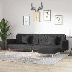 Schlafsofa 2-Sitzer mit 2 Kissen und Fußhocker Schwarz Stoff