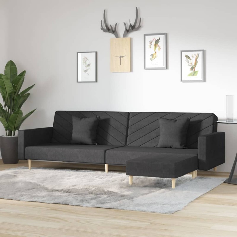 Schlafsofa 2-Sitzer mit 2 Kissen und Fußhocker Schwarz Stoff Schlafsofa 2-Sitzer mit 2 Kissen und Fußhocker Schwarz Stoff