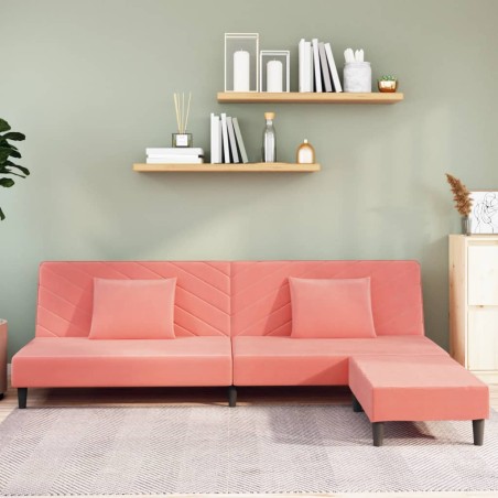 Schlafsofa 2-Sitzer mit 2 Kissen und Fußhocker Rosa Samt