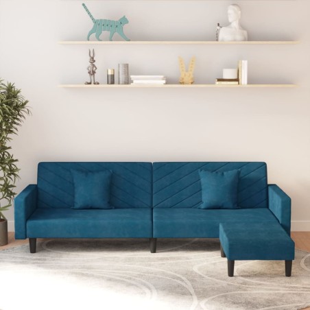 Schlafsofa 2-Sitzer mit 2 Kissen und Fußhocker Blau Samt
