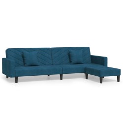Schlafsofa 2-Sitzer mit 2 Kissen und Fußhocker Blau Samt