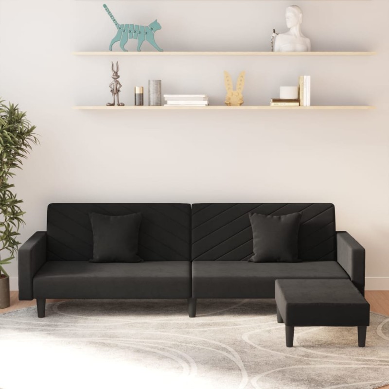 Schlafsofa 2-Sitzer mit 2 Kissen und Fußhocker Schwarz Samt Schlafsofa 2-Sitzer mit 2 Kissen und Fußhocker Schwarz Samt