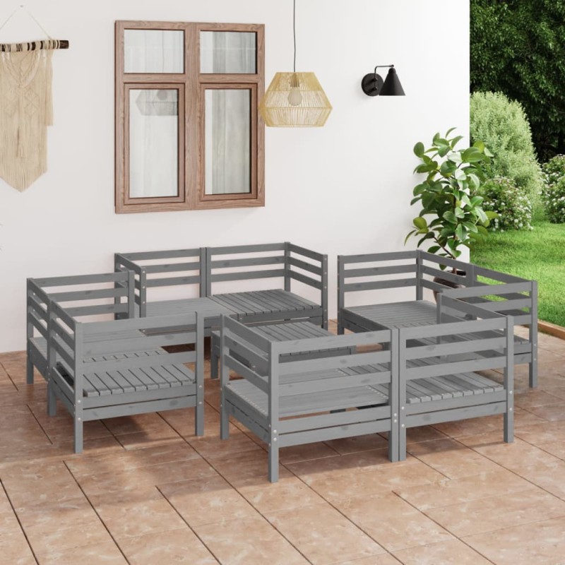 9-tlg. Garten-Lounge-Set Grau Kiefer Massivholz 9-tlg. Garten-Lounge-Set Grau Kiefer Massivholz